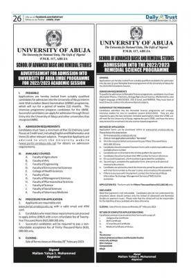 UNIABUJA Remedial Studies admission form, 2022/2023