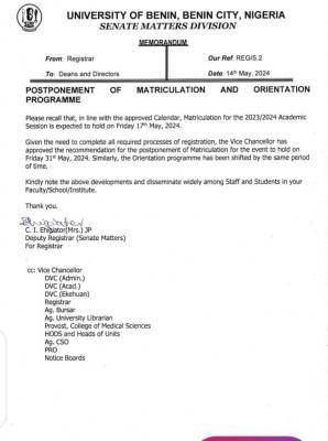 UNIBEN postpones matriculation ceremony & orientation, 2023/2024