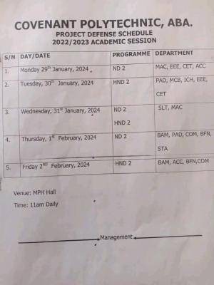 Covenant Polytechnic release project defense schedule, 2022/2023