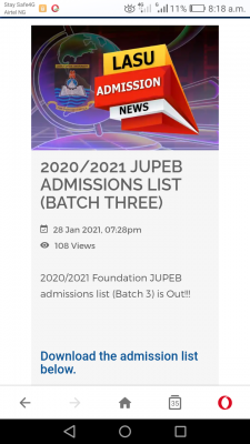 LASU JUPEB 3rd batch admission list for 2020/2021 session