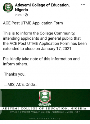 ACEONDO extends Post UTME Application for 2020/2021 session