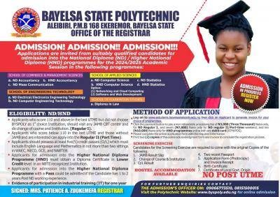 Bayelsa State Poly admissions for 2024/2025 session