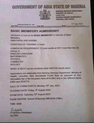 Abia State School of Basic Midwifery Amachara & Abiriba Admission form, 2023/2024