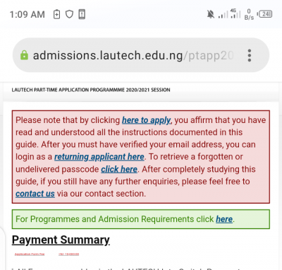 LAUTECH Part-time Admission Form for 2020/2021 Session