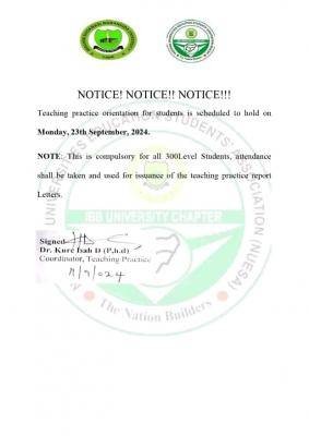 IBBUL notice of teaching practice orientation for 300L students