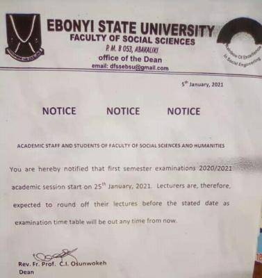 EBSU faculty of social sciences and humanities notice to staff and students