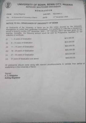 UNIBEN notice to all graduates on collection of certificates