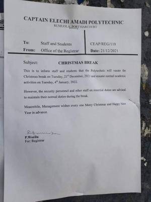 Elechi Amadi Polytechnic announces Christmas Break