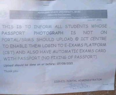 ADSU notice to students on uploading of passport photograph on Portal