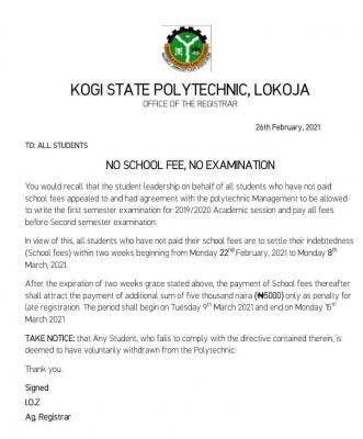 Kogi State Poly issues "No Fee, No Exams" notice