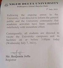 NDU suspends academic activities indefinitely