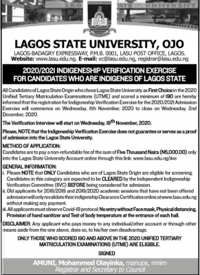 LASU indigeneship verification exercise for 2020 UTME candidates