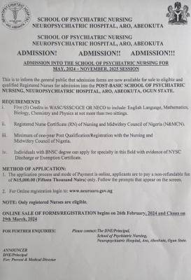 School of Psychiatric Nursing, Abeokuta releases Nursing admission form - 2024