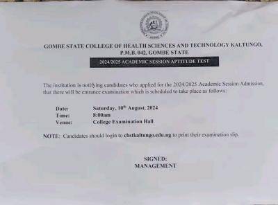 Gombe State College of Health Tech. Kaltungo entrance exam date, 2024/2025