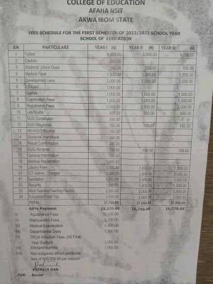 Akwa Ibom COE schedule of fess for 1st semester, 2022/2023