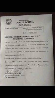 NUBAPOLY suspends academic activities indefinitely