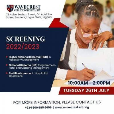 Wavecrest College of Hospitality next batch admission screening exercise, 2022/2023