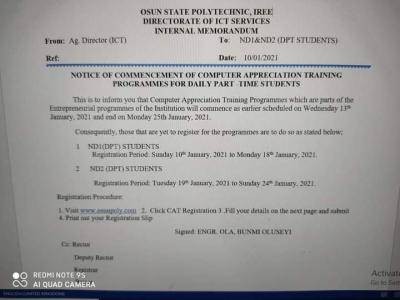 OSPOLY notice on commencement of Computer Appreciation Training programme DPT students