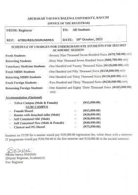 ATBU schedule of charges for undergraduate students, 2022/2023