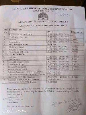 Umaru Ali Shinkafi Polytechnic revised academic calender, 2019/2020 session