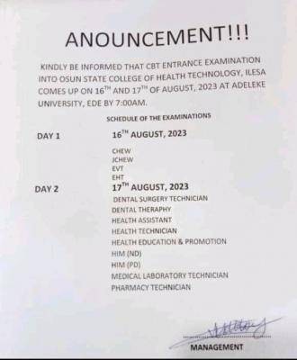 Osun State College of Health Tech. Ilesa schedule of entrance examinations, 2023/2024