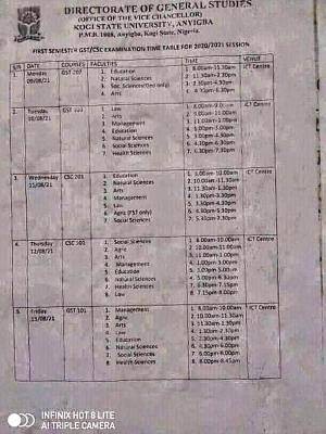 KSU GST/CSC first semester examination timetable, 2020/2021