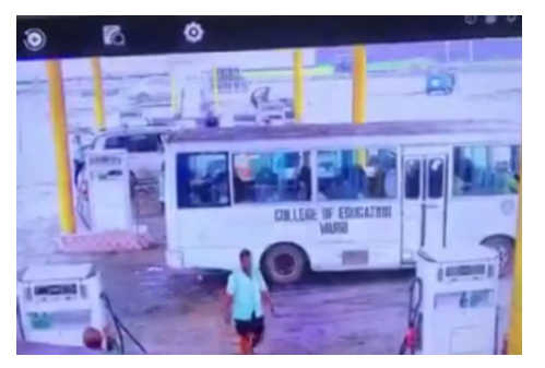 Coaster bus conveying corps members go up in flames in a petrol station