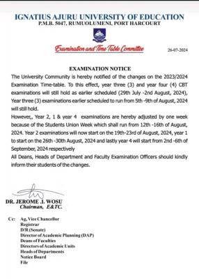 IAUE issues notice to students on adjustment of examination timetable