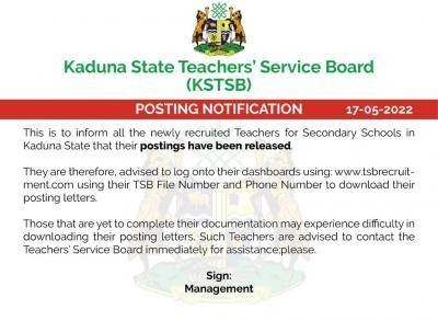 Kaduna State Teachers' Service Board (KSTSB) posting notification