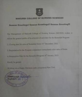 Markudi College of Nursing Sciences schedule of academic activities for remedial programme