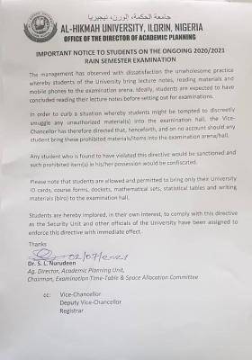 Alhikmah University notice on the ongoing 2020/2021 rain semester exam