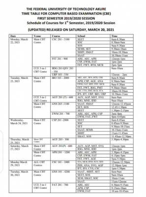 FUTA releases 1st semester CBE final Timetable & Guidelines, 2019/2020