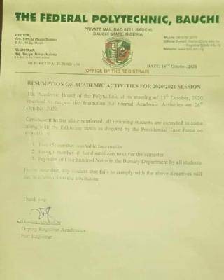 FEDPOLY Bauchi announces resumption date