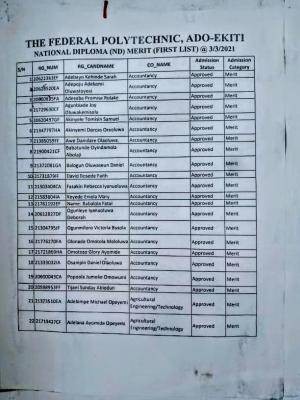 Fed Poly Ado-ekiti admission list, 2020/2021 now on the school's notice board