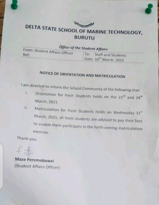 DESOMATECH notice on orientation and matriculation of new students, 2020/2021