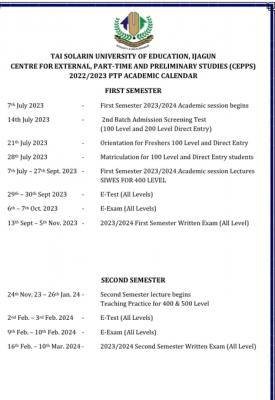 TASUED part-time & pleminary studies academic calendar, 2022/2023 session