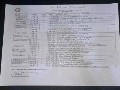 UDUSOK Faculty of Law 2nd semester examination timetable, 2020/2021