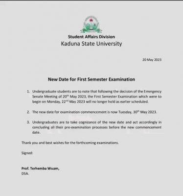 KASU reschedules date for first semester examinations