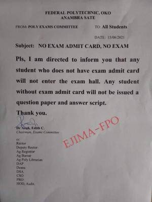 Fed Poly, Oko issue "No Exam permit card, No Exam" warning