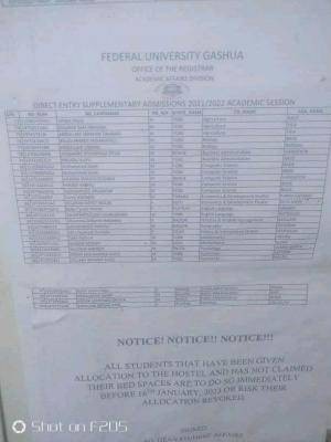 FUGashua UTME/DE supplementary Admission List, 2021/2022