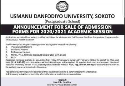 UDUSOK postgraduate admission form for 2020/2021 session