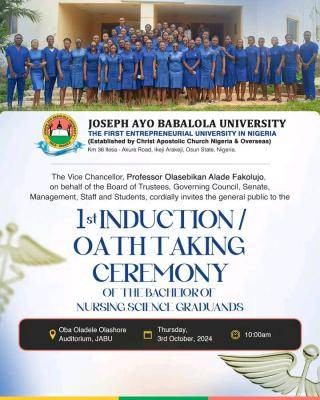 JABU announces 1st Induction/Oath-Taking Ceremony for Graduating Nurses