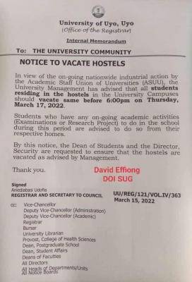 UNIUYO directs students to vacate hostels