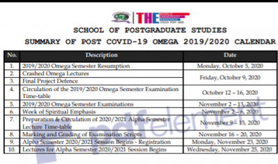 Covenant University postgraduate revised academic calendar, 2019/2020