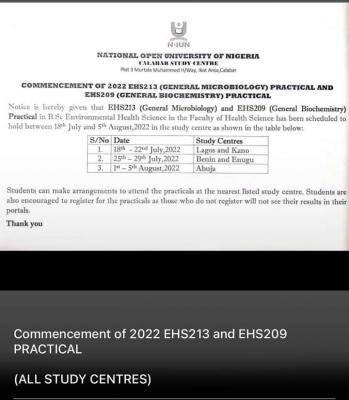 NOUN COMMENCEMENT OF 2022 EHS 213 (General Microbiology) Practical and EHS 209 (General Biochemistry) Practical