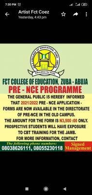 FCE, Zuba Pre-NCE admission, 2021/2022