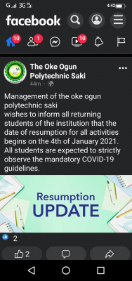 Oke Ogun Polytechnic, Saki resumption date for returning students