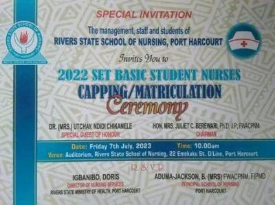 Rivers State School of Nursing announces Capping/Matriculation Ceremony for 2022 Set Basic Student Nurses