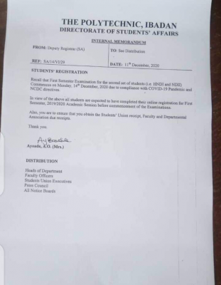 Ibadan Poly notice to HND I and ND I students ahead of 1st semester exam, 2019/2020