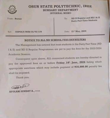 OSPOLY notice to students on deadline for payment of school fees